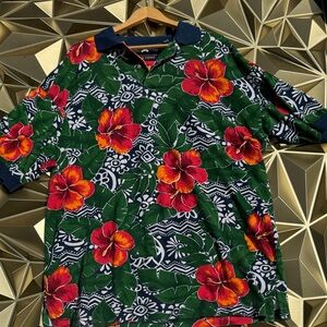 Roundtree & Yorke Green Polo with Red and Orange Hibiscus